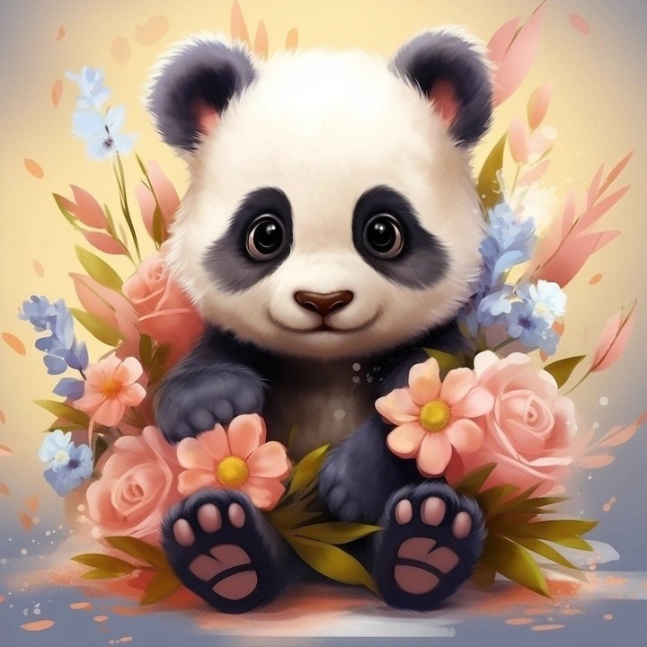 Set de broderie cu diamante, Lovely Panda in Flowers, 14+, 35 x 35 cm, Multicolor