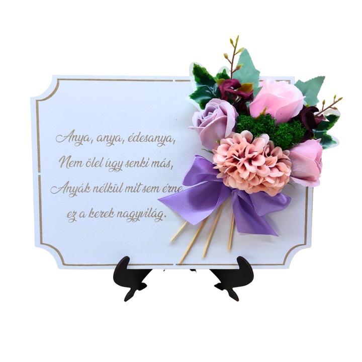 Tablou din lemn multiform conturat A4 (30x21 cm) - Mama tu ma imbratisezi Anya edesanya te olelsz decorata cu flori de sapun roz-mov