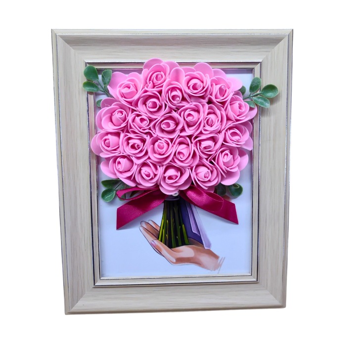 Tablou in rama A5 (21x15 cm) - Buchet - decorat cu trandafir de spuma, roz