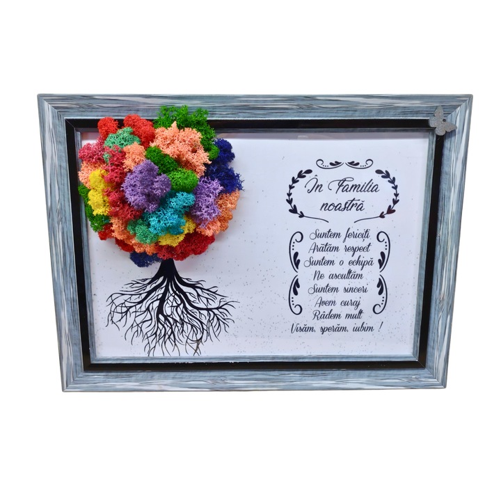 Tablou in rama A4 (30x21 cm) - In Familia noastra suntem fericiti - v1, decorat cu licheni stabilizati multicolor