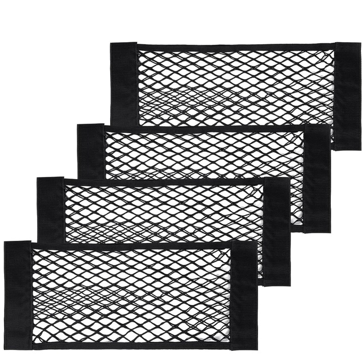 Set 4 plasa elastica pentru masina, organizator portbagaj tip buzunar cu scai, Aisdelu®, sistem de prindere velcro 40 x 25 cm, Negru