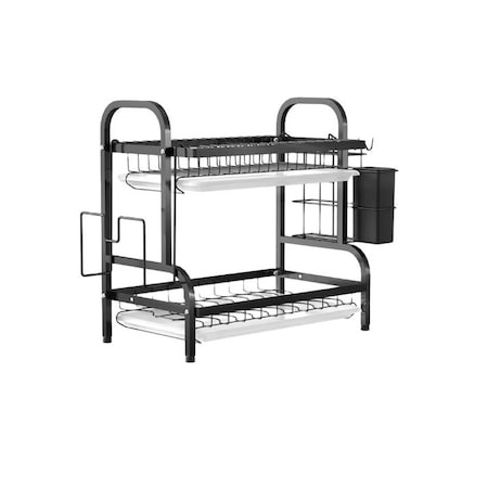 Scurgator metalic pentru vase si tacamuri, 2 niveluri, cu suport, Metal, Negru, 53x23.5x39 cm