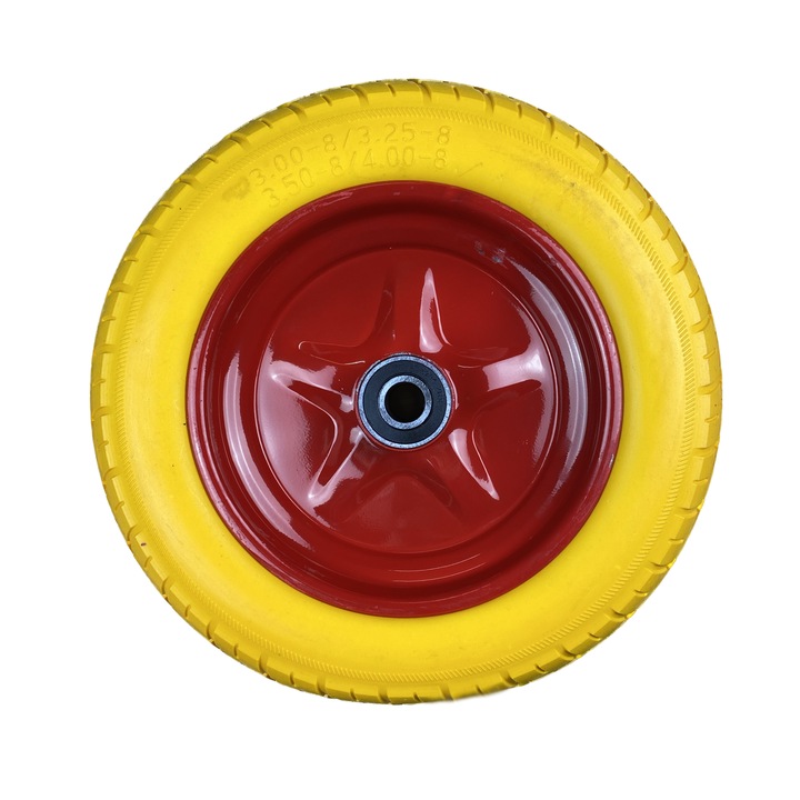 Roata roaba 350 mm x 8", fara camera, din poliuretan, rulment 6402-RS2, janta metal