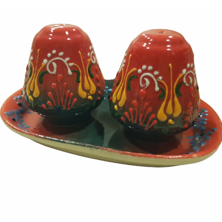 Ahelos asztali készlet, Sótartók, Kézzel festett, Piros, 17x9 cm