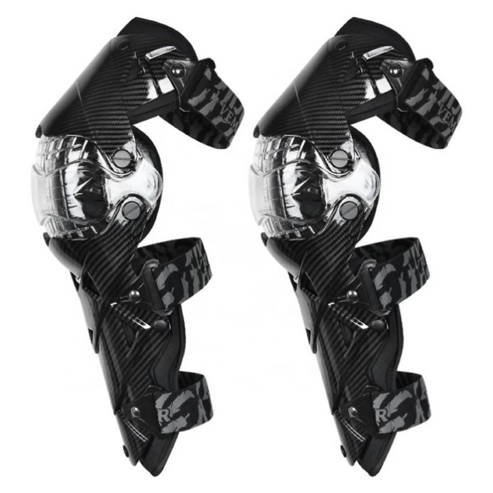 Set Genunchiere Motocicleta, Enduro, ATV, Moto, Off-Road, Curele Reglabile, Negru/Transparent Flytec™