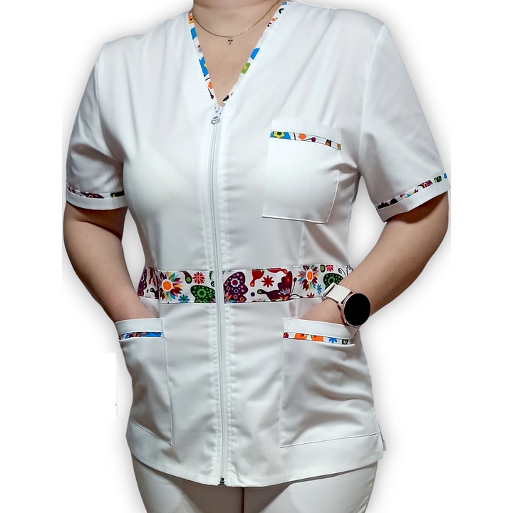 Halat medical Premium Flex din tercot elastic alb, cu insertie florala, Marimea 36, Colectia Halatul meu, AMA Medical Scrubs