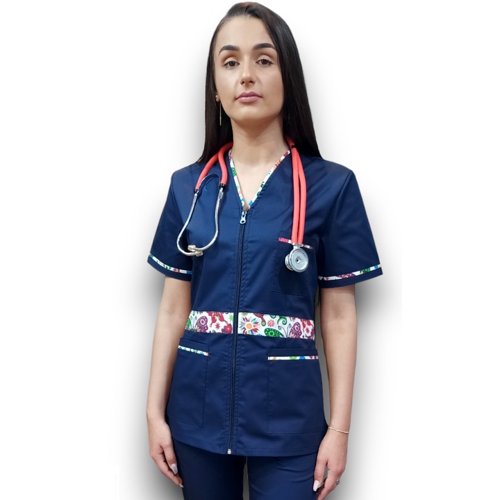 Halat medical Premium Flex din tercot elastic bleumarin, cu insertie florala, Marimea 46, Colectia Halatul meu, AMA Medical Scrubs