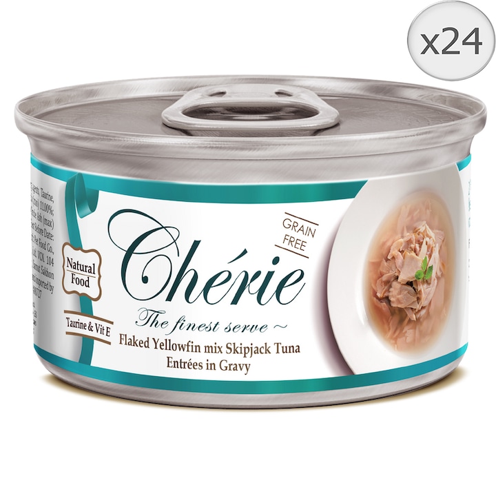 Hrana umeda pentru pisici Cherie Grain Free, Fulgi de Ton in Sos de Legume 24 buc x 80g