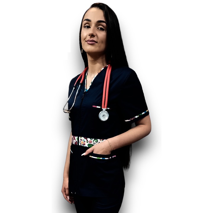 Halat medical Premium Flex din tercot elastic negru cu insertie florala, Marimea 42, Colectia Halatul meu, AMA Medical Scrubs