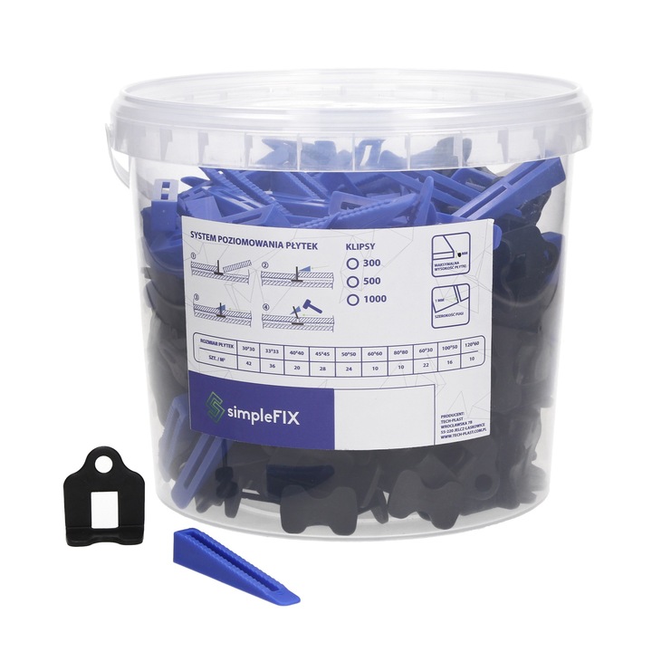 Set 500 sisteme de nivelare a placilor si 100 pene, SimpleFix, 1-3 mm, Albastru/Negru