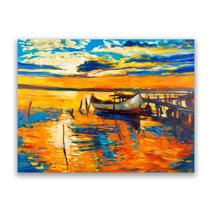 Картина на платно, LuxCanva® A1064, Лодка залез, 75 X 100 CM, 100% памучно платно 400g/m2, Дървена рамка, Понтон, Оранжево, Голямо, Абстрактно, Живи цветове