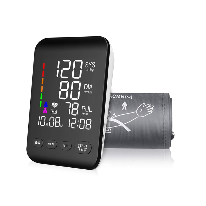 Sanitayaki U81 CH digitális karos vérnyomásmérő megvilágított képernyővel, 2x90 memória, automata stop, mandzsetta 22-42 cm, fekete/fehér