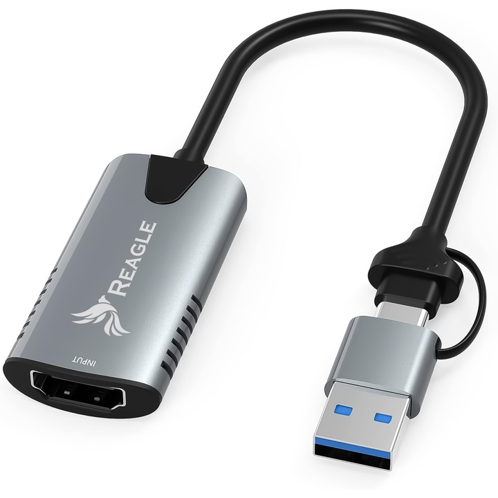 Placa de captura video USB 2-in-1binput HDMI 4K 30Hz la output USB 1080P 60FPS Reagle pentru inregistrare gaming predare conferinta HDMI PC USB-C