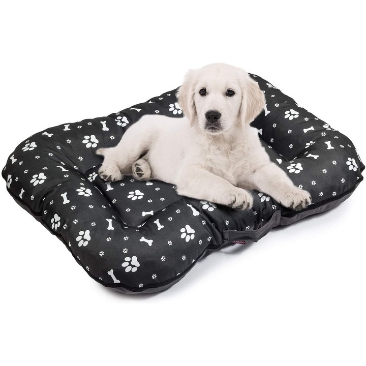 BoutiqueZOO, Pat pentru caini si pisici, L 95 x 75 x 15 cm, negru, imitatie de in, cu model cu labe de caine si oase