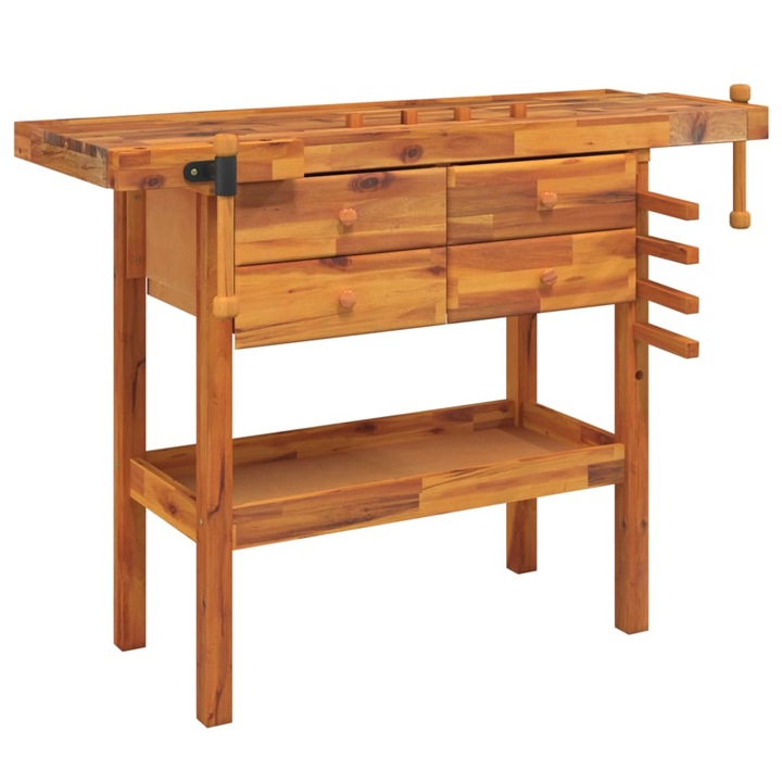 Работна маса с чекмеджета и менгемета vidaXL, 124x52x83 см, акация масив, 21.4 Kg