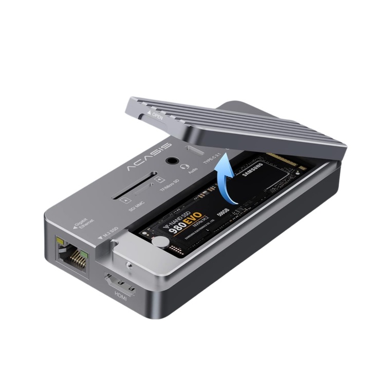 Hub Docking Station 10-in-1 ACASIS, Slot SSD NVMe M2, USB 3.1, USB 3.0, USB-C 3.1, Cititor Card, Gigabit Ethernet RJ45, HDMI, Space Grey