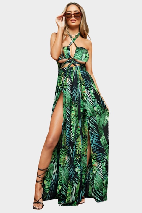 Бохо дълга лятна макси рокля с тропически принт, цепка на крака, гол гръб, изрези в областта на бюста, закопчаване на врата и регулируеми презрамки, зелено, S