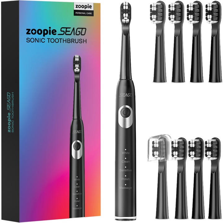 Periuta dinti electrica sonica, pentru adulti, copii, 40,000 pulsatii / min, 5 programe, functie de memorare, aparat cu smart timer, 700mAh, USB-C, IPX7, 8 capete soft, negru