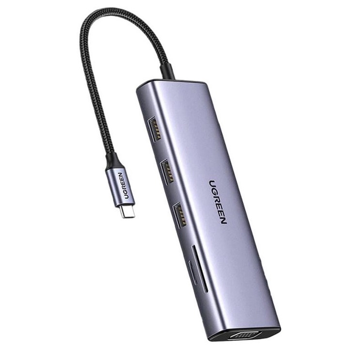 Хъб 10 in1, Ugreen, 3x USB-A 3.0, HDMI, RJ45, Aux 3.5 mm, сребрист