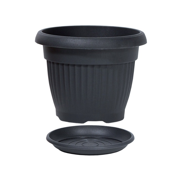 Ghiveci flori modern TERRA DCE25 Antracit cu farfurie inclusa, jardiniera decorativa rezistenta pentru interior si exterior, vas elegant pentru plante mari si mici, perfect pentru balcon, terasa, gradina si casa, design minimalist