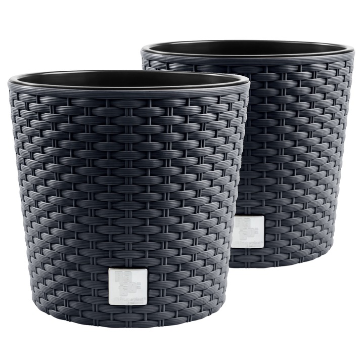 Set 2 Ghivece de Flori Decorative Prosperplast, Rotunde, cu Insertie Detasabila si Sistem Drenaj, pentru Interior si Exterior, din Plastic Rezistent UV, Design Modern, Negru Mat, 40 x 37.5 cm, pentru Gradina, Balcon, Terasa si Casa