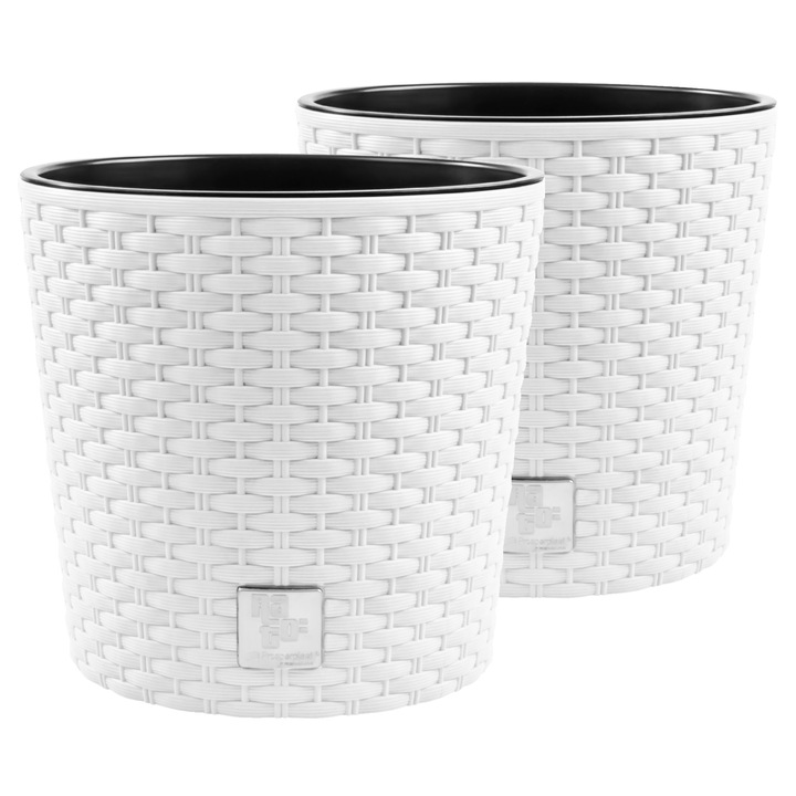 Set 2 ghivece moderne Prosperplast, cu insertii detasabile, din plastic rezistent premium, pentru flori si plante de interior/exterior, design elegant alb/negru, 200x190 mm, multifunctional, decorativ, ideal gradina si balcon