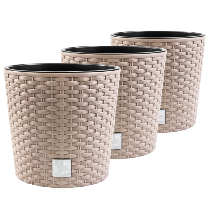 Set 3 Ghivece Decorative Prosperplast Rato Round Mokka, Imitatie Ratan Elegant, Rezistente UV pentru Exterior & Interior, cu Insertii Detasabile, Ideal pentru Plante & Flori, Balcon, Terasa, Gradina, Design Modern Durabil