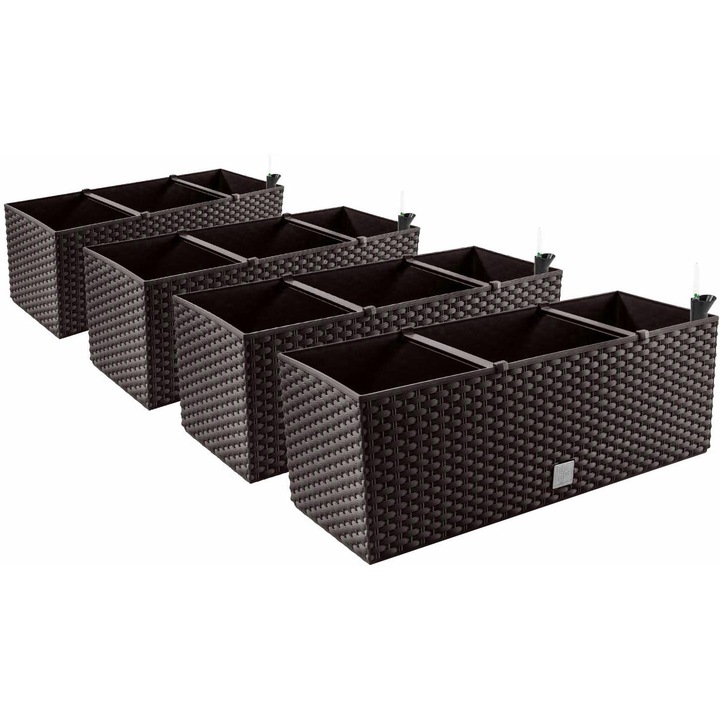 Set 4 ghivece de flori cu sistem de irigatie, Prosperplast, Plastic, 30 l, 24 cm, Maro