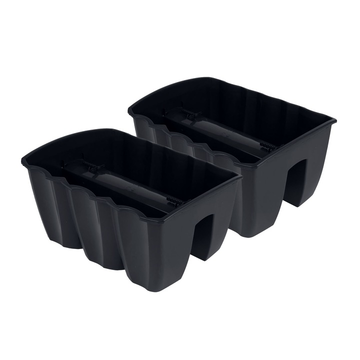 Set 2 ghivece de balcon suspendabile, jardiniere decorative, rezistente la intemperii, material plastic reciclabil, model 'Crown', de la Prosperplast, culoare antracit elegant, dimensiuni 39.5x28.5x20.5 cm, ideale pentru flori si plante