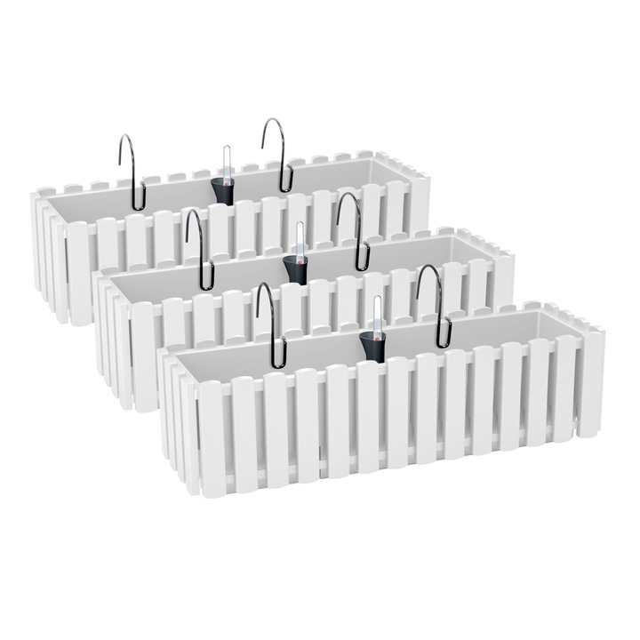 Set 3 jardiniere Prosperplast Boardee, albe, design modern, rezistente UV, sistem auto-irigare inteligent, ghivece decorative pentru balcon, terasa, gradina, plante, flori, ierburi, durabile, eleganta premium