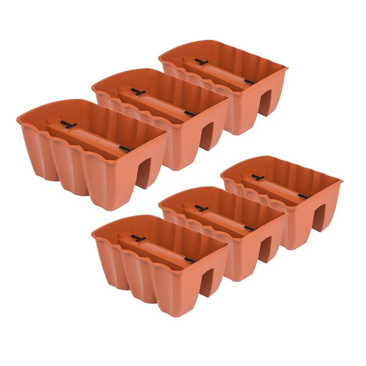 Set 6 Ghivece Jardiniere CROWN DCRO400 pentru Balcon, dreptunghiulare, din plastic rezistent, imitatie Teracota, ideale pentru flori si plante ornamentale, pentru exterior, interior, gradina, terasa, rezistente UV, 40 cm, culoare maro