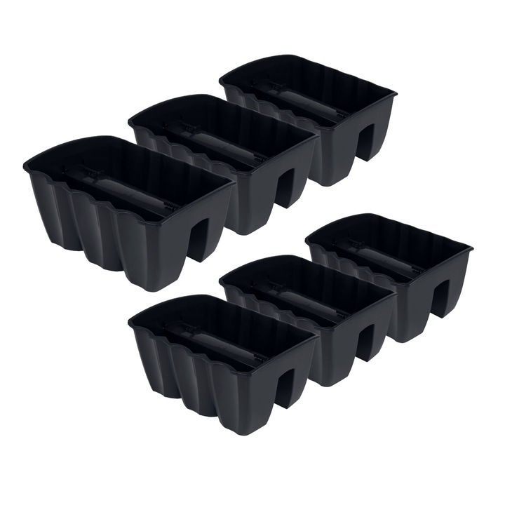 Set 6 ghivece jardiniera balcon Prosperplast Crown, din plastic rezistent, design modern, culoare antracit elegant, ideal pentru flori, plante aromatice si decorative, dimensiuni 395x285x205mm, durabil, pentru amenajare spatiu verde