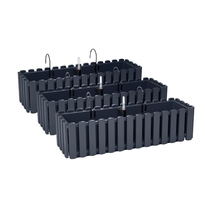 Set 3 Ghivece de Flori Prosperplast Elegante din Plastic Rezistent, Design Modern Gri Antracit, Perfecte pentru Interior Exterior Balcon Terasa Gradina, Dimensiuni 185x585x165mm, Solutie Decorativa Durabila si Practica pentru Plante