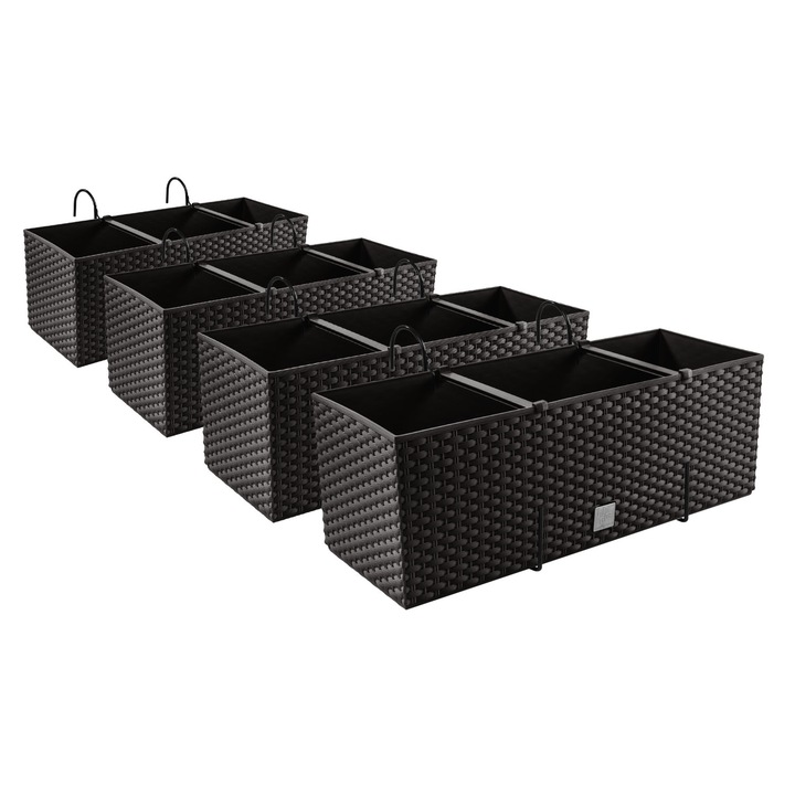 Set 4 ghivece de flori, Prosperplast, Ratan sintetic, 51.5 x 19.5 x 18.5 cm, Negru