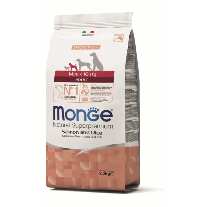Hrana pentru caini, Monge, varsta adult, somon/orez, 2.5 kg