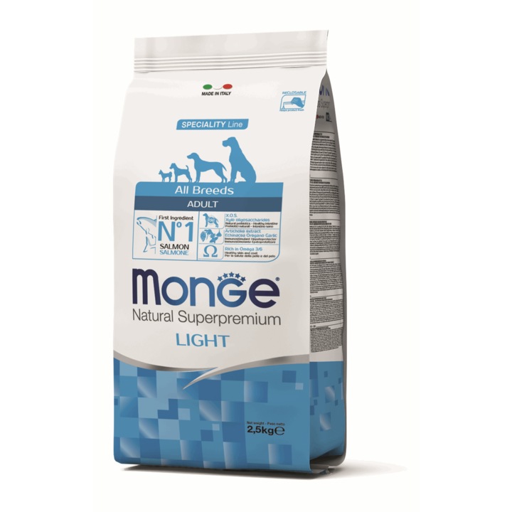 Hrana caini, Monge Dog Adult Light, Somon & Orez, 12 kg