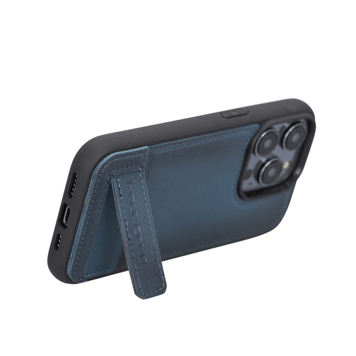 iPhone 14 Pro Vékony természetes bőrtok + puha TPU keret, Magsafe-vel, állvány funkció, back cover típus, Bouletta Flex Cover Base, Kék Burnsihed blue