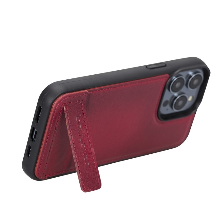 iPhone 14 Pro Vékony természetes bőrtok + puha TPU keret, Magsafe-vel, állvány funkció, back cover típus, Bouletta Flex Cover Base, Piros Burnished red