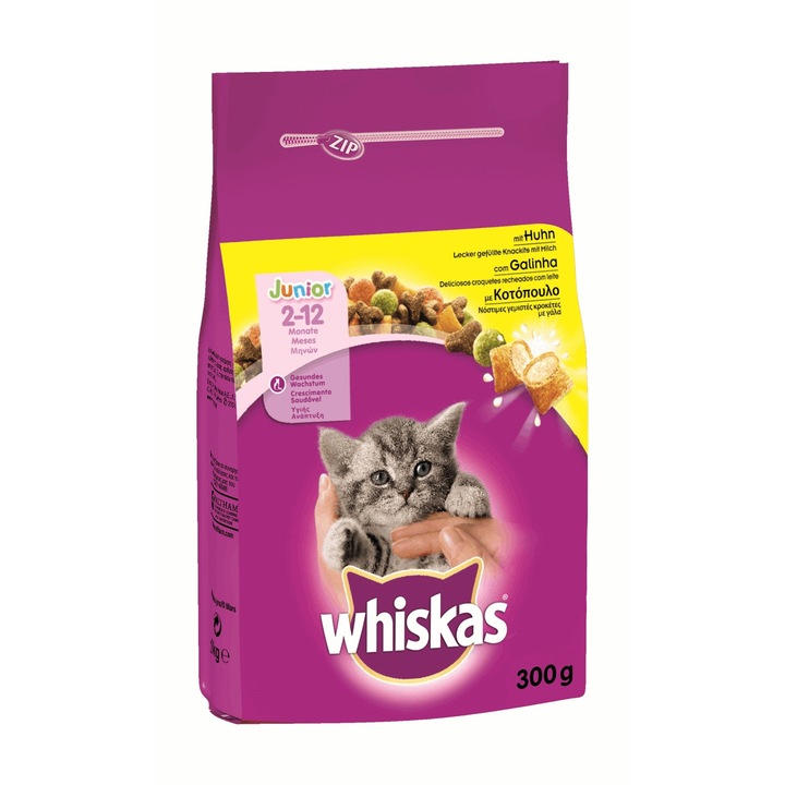 Hrana pentru pisici, Whiskas, Junior, Aroma de pui si lapte, 300g