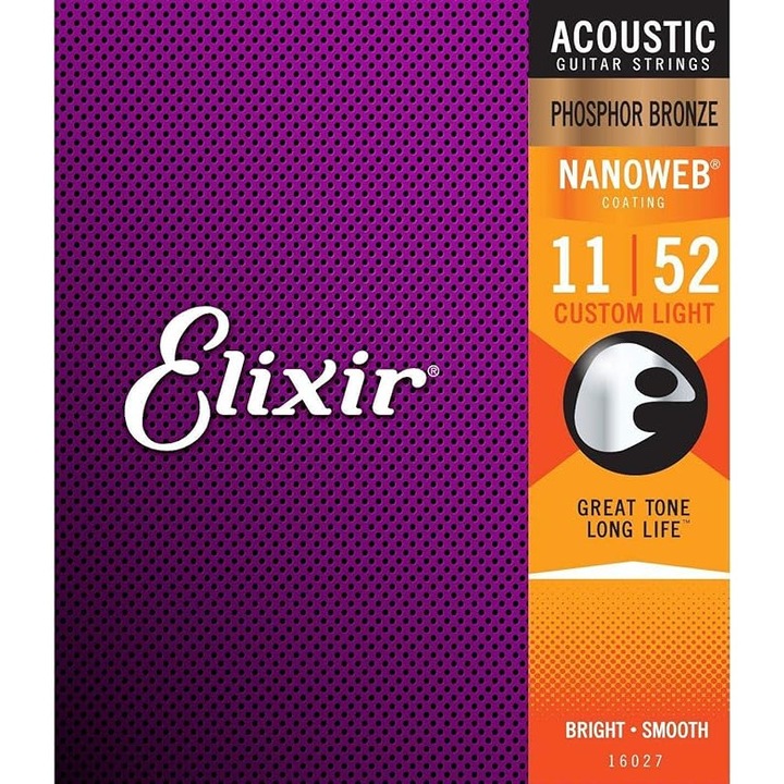 Комплект струни за акустична китара, Aisdelu®, Elixir Nanoweb, дебелина 11-52 Extra Light, фосфорен бронз