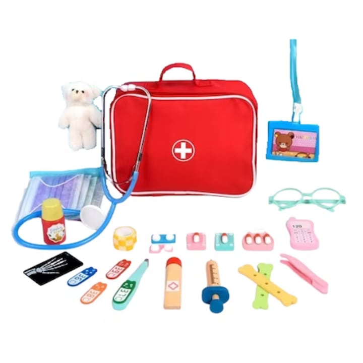 Trusa medicala pentru copii, set 28 accesorii din lemn, plastic si metal, jucarie interactiva de rol, Rosu