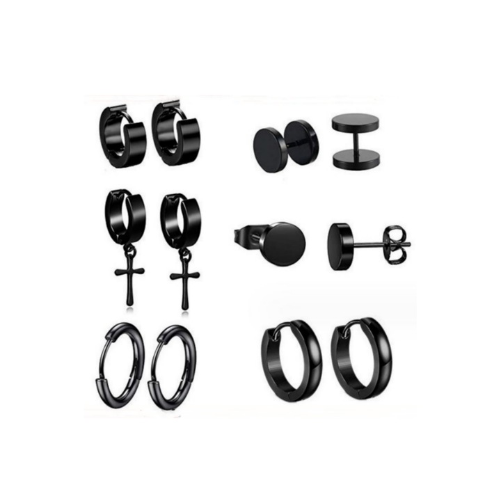 6 pár fülbevaló készlet különböző punk modellek 8 mm, BOMSTOM, fekete