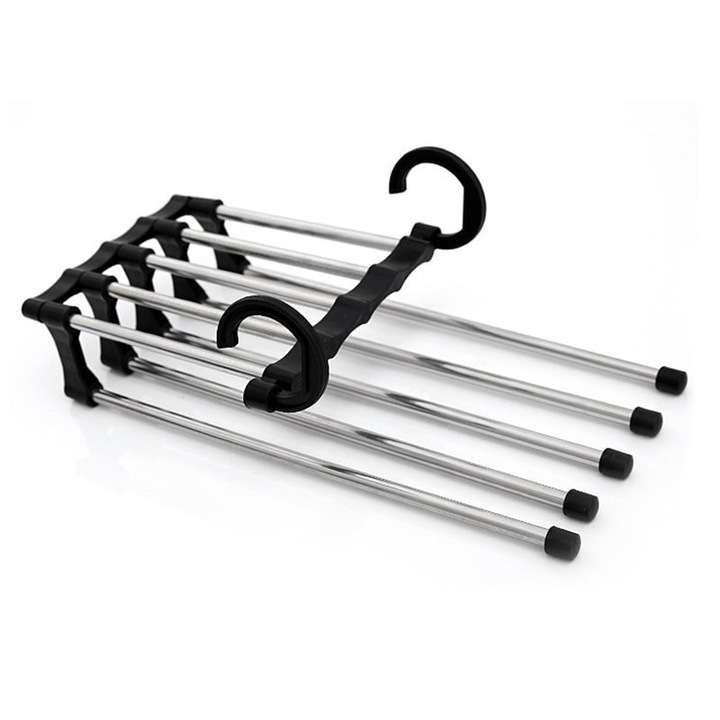 Umeras organizator pentru pantaloni, din metal/plastic, dimensiuni 47 x 18 x 6 cm, argintiu/negru