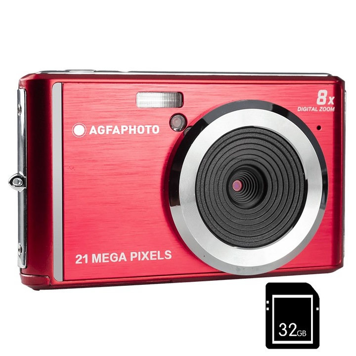 Pachet Camera foto digitala AgfaPhoto DC5200 21MP HD 720p Rosu, si card 32 GB