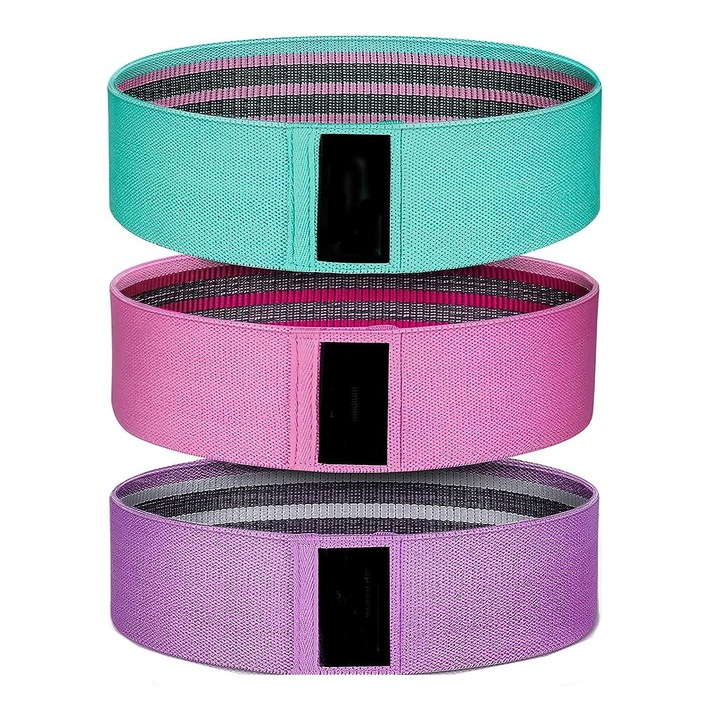 Set 3 benzi elastice fitness pentru antrenament, 3 niveluri diferite de rezistenta pentru Pilates, Yoga, Performanta, Recuperare, Exercitii Fizice sau Reabilitare 37.5x8 cm, Multicolor