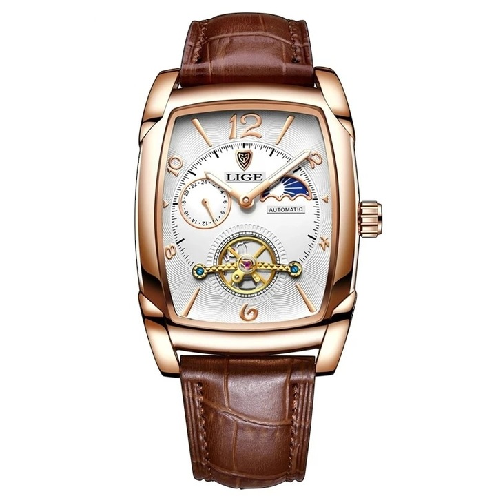 Мъжки часовник Lige Elegant Classic Luxury Mechanical Automatic Tourbillon Brown Leather
