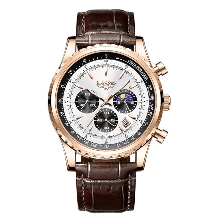 Férfi karóra Lige Elegant Casual Fashion Analóg Quartz Luxus barna/fehér