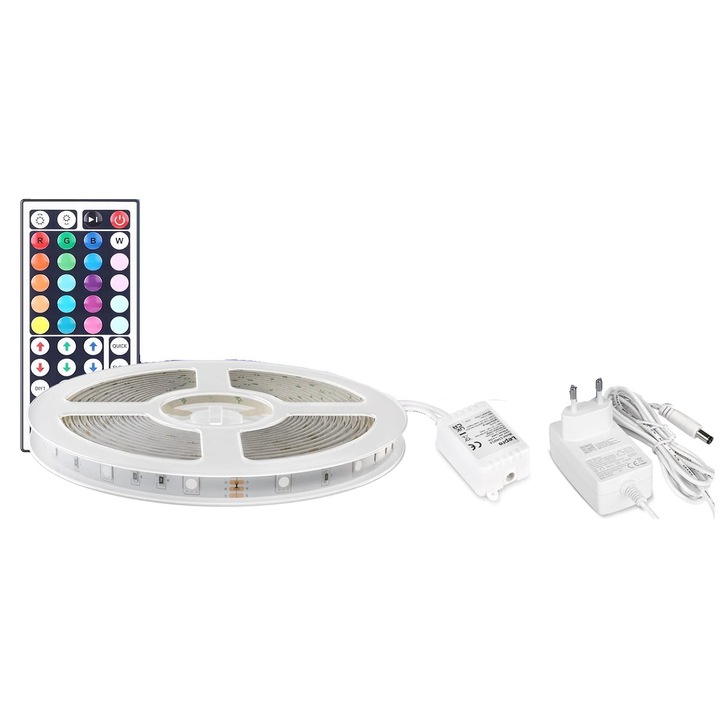 Banda LED RGB, 9m, 24 becuri, Intensitate si culori reglabile, presetari, waterproof, cu telecomanda