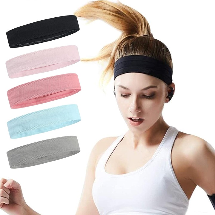 Set 5 bandane sport, AMRUGL, elastic, anti-alunecare, pentru yoga, alergare, fitness, multicolor