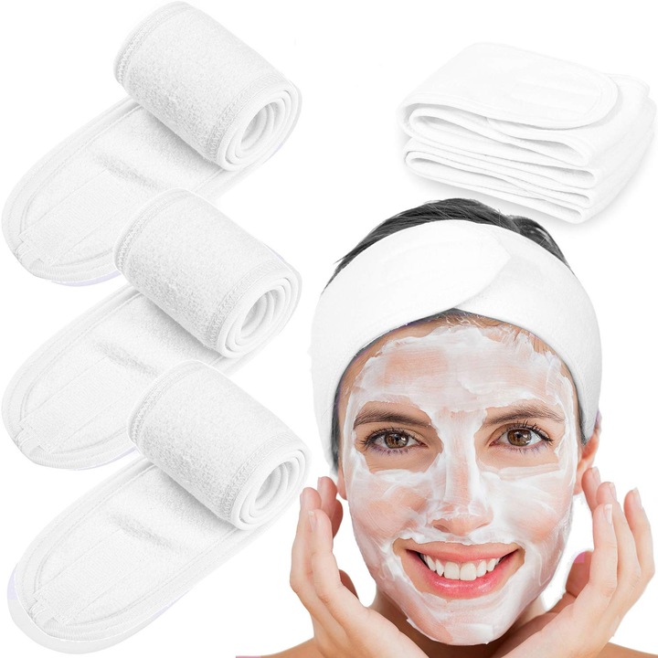 Set 4 benzi pentru cap QttvbTna, material moale, elastic, absorbtie eficienta, 24x3 inch, alb